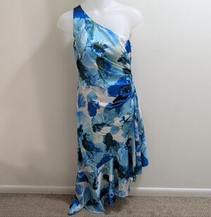 Eliza J Womans Size 14  Blue Floral In One-Shoulder Dress